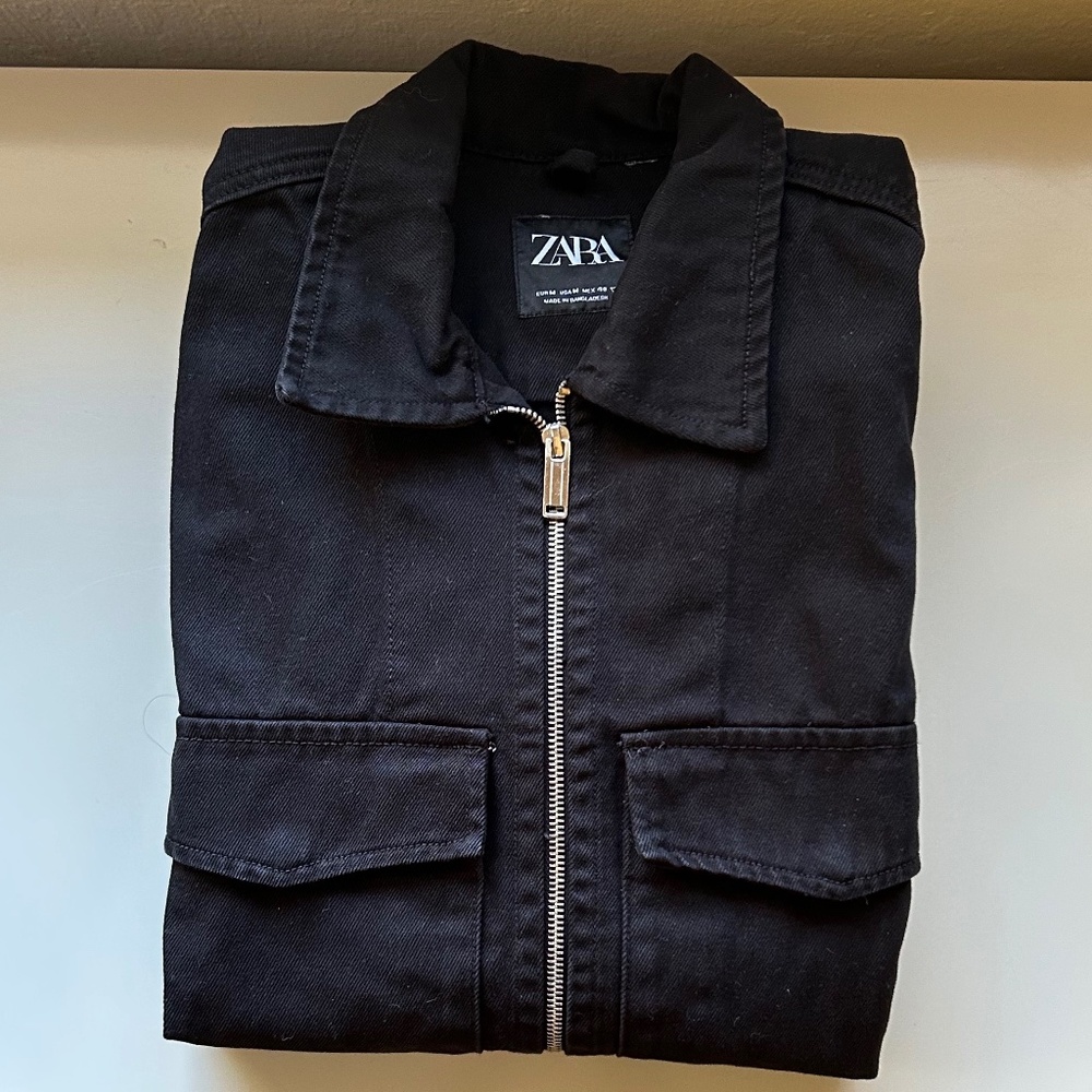 ZARA Men's Black Zipper Denim Jacket, Size M